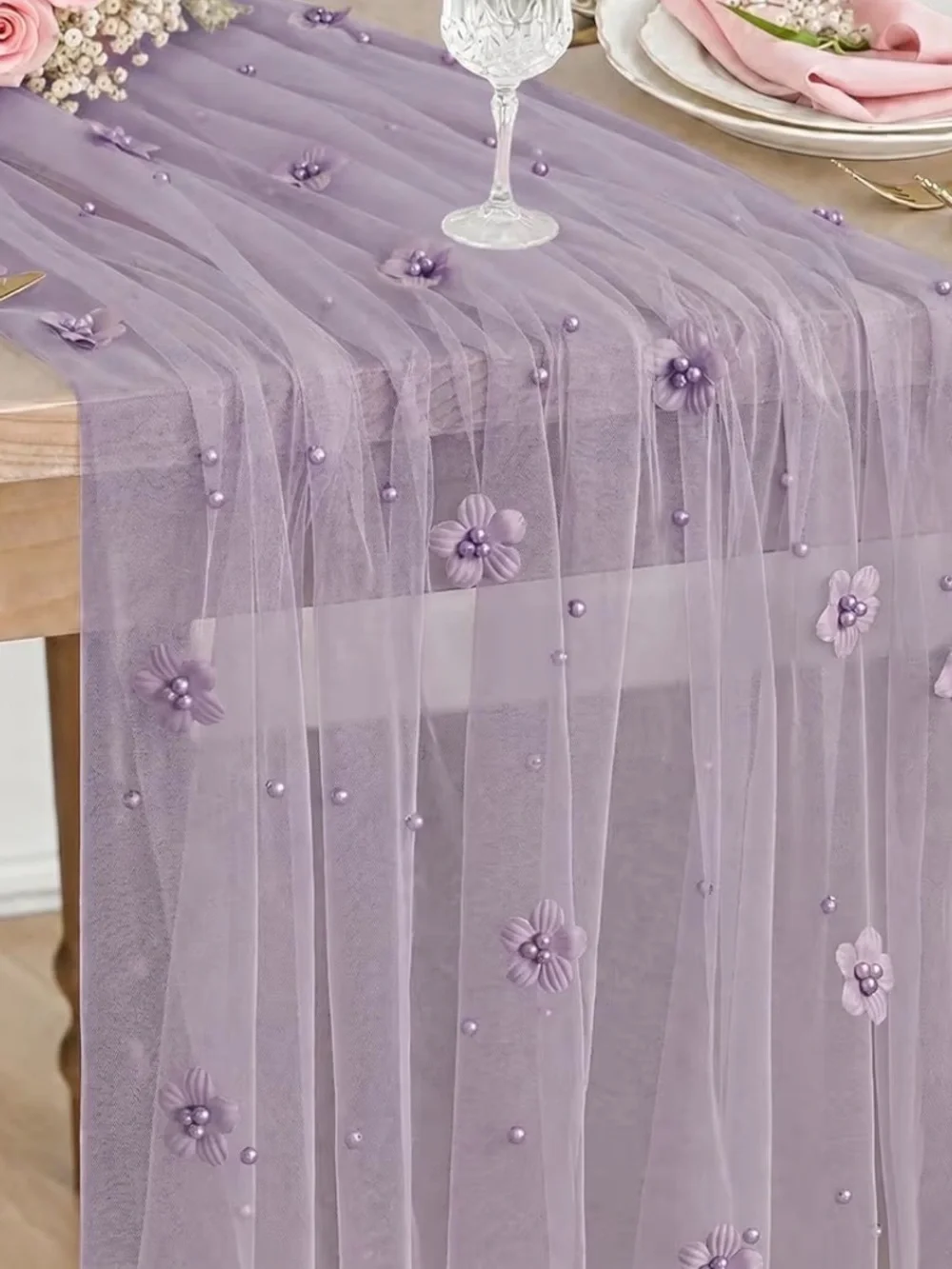 Lavender Sheer Floral Beaded Table Runner